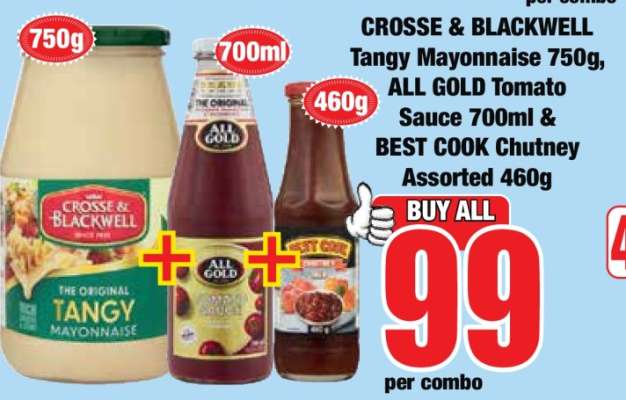 CROSSE & BLACKWELL Tangy Mayonnaise 750g, ALL GOLD Tomato Sauce 700ml & BEST COOK Chutney Assorted 460g