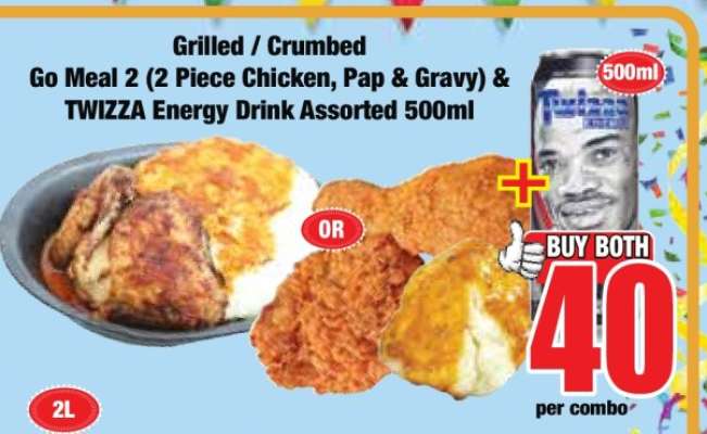 Go Meal 2 (2 Piece Chicken, Pap & Gravy) & TWIZZA Energy Drink Assorted 500ml