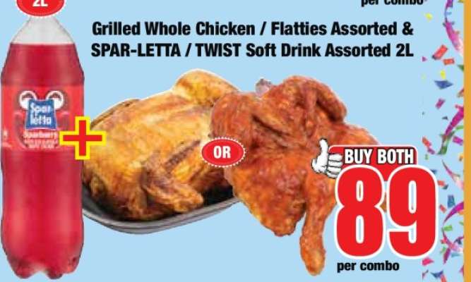 Grilled Whole Chicken / Flatties Assorted & SPAR-LETTA / TWIST Soft Drink Assorted 2L