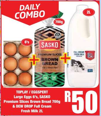 TOPLAY / EGGSPERT Large Eggs 6’s, SASKO Premium Slices Brown Bread 700g & DEW DROP Full Cream Fresh Milk 2L