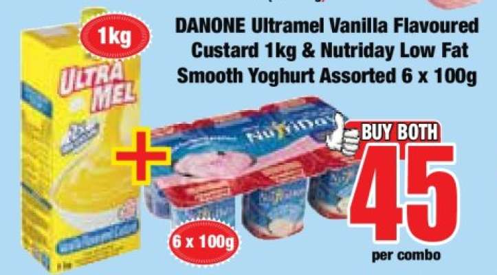 DANONE Ultramel Vanilla Flavoured Custard 1kg & Nutriday Low Fat Smooth Yoghurt Assorted 6 x 100g