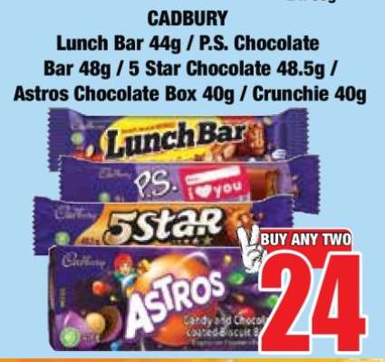 CADBURY Lunch Bar 44g / P.S. Chocolate Bar 48g / 5 Star Chocolate 48.5g / Astros Chocolate Box 40g / Crunchie 40g