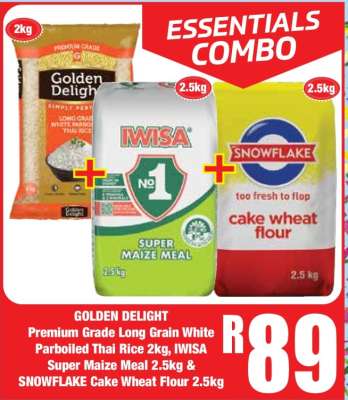 GOLDEN DELIGHT Premium Grade Long Grain White Parboiled Thai Rice 2kg, IWISA Super Maize Meal 2.5kg & SNOWFLAKE Cake Wheat Flour 2.5kg