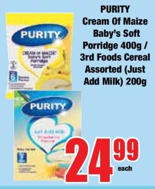 PURITY Cream of Maize Baby’s Soft Porridge 400g / 3rd Foods Cereal Assorted (Just Add Milk) 200g