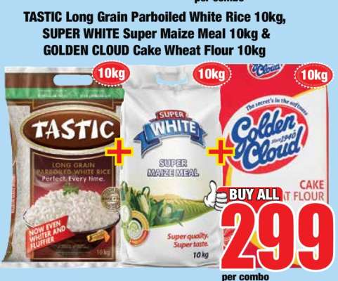 TASTIC Long Grain Parboiled White Rice 10kg, SUPER WHITE Super Maize Meal 10kg & GOLDEN CLOUD Cake Wheat Flour 10kg