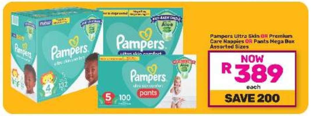 Pampers Ultra Skin OR Premium Care Nappies OR Pants Mega Box Assorted Sizes