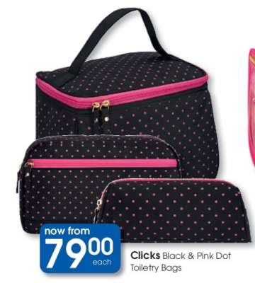 Clicks Black & Pink Dot Toiletry Bags