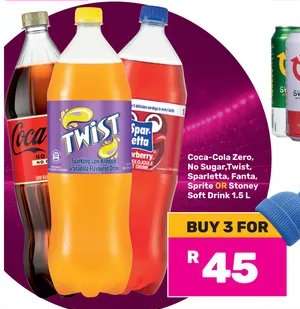 Coca-Cola Zero, No Sugar, Twist, Sparletta, Fanta, Sprite OR Stoney Soft Drink 1.5 L