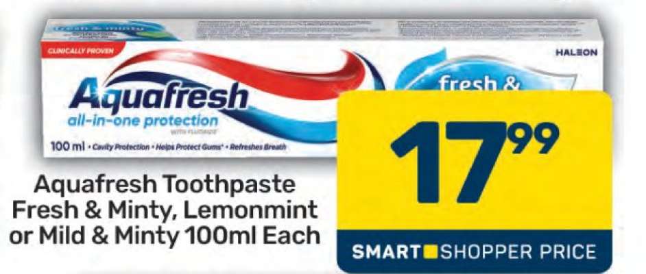 Aquafresh Toothpaste Fresh & Minty, Lemonmint or Mild & Minty 100ml Each