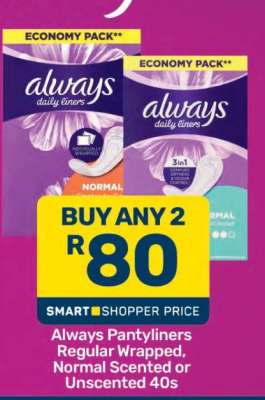 Always Pantyliners Regular Wrapped, Normal Scented or Unscented 40s