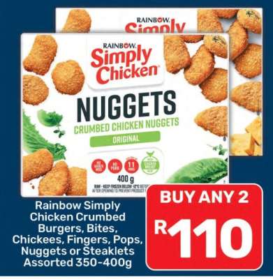 Rainbow Simply Chicken Crumbed Burgers, Bites, Chickees, Fingers, Pops, Nuggets or Steaklets Assorted 350-400g