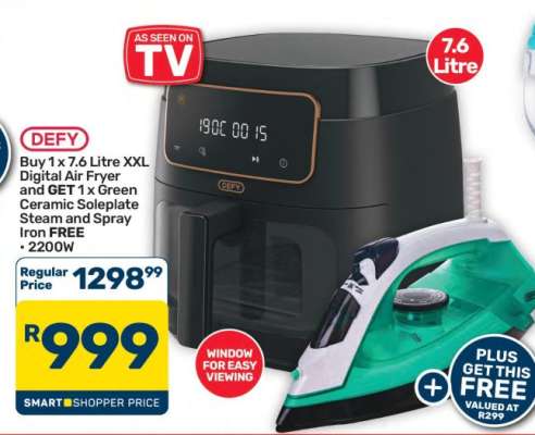 DEFY 7.6 Litre XXL Digital Air Fryer + Green Ceramic Soleplate Steam and Spray Iron