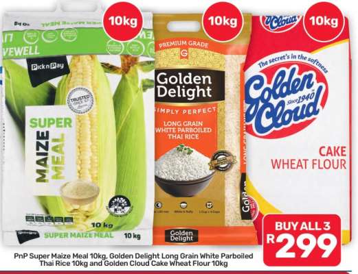 PnP Super Maize Meal 10kg, Golden Delight Long Grain White Parboiled Thai Rice 10kg and Golden Cloud Cake Wheat Flour 10kg