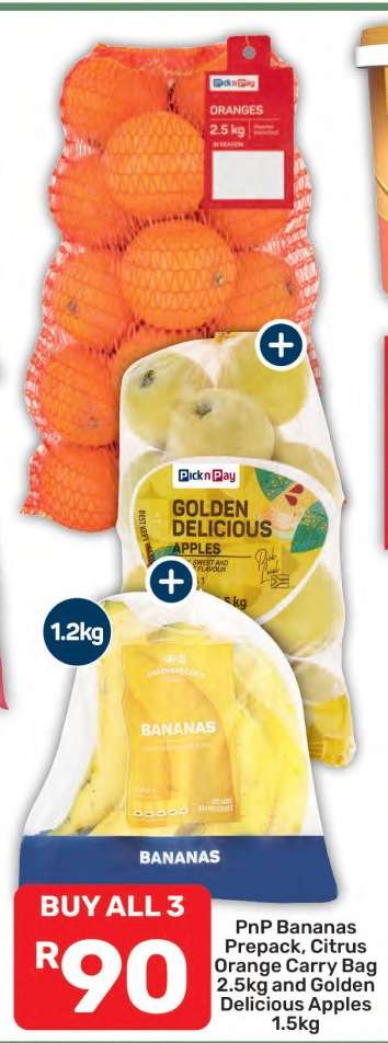 PnP Bananas Prepack, Citrus Orange Carry Bag 2.5kg and Golden Delicious Apples 1.5kg