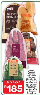 PnP All Purpose Potatoes 2kg, Green Peppers 800g, Red or Orange Sweet Potatoes 2kg, Gem Squash 2kg, Carrots Carry Bag, Butternut 3kg or Beetroot Carry Bag