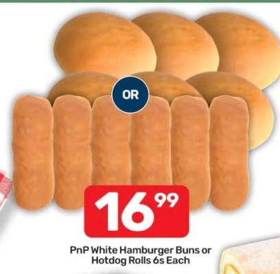 PnP White Hamburger Buns or Hotdog Rolls 6s Each