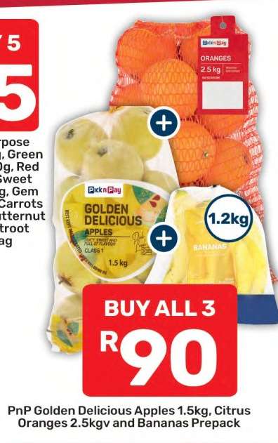 PnP Golden Delicious Apples 1.5kg, Citrus Oranges 2.5kg and Bananas Prepack