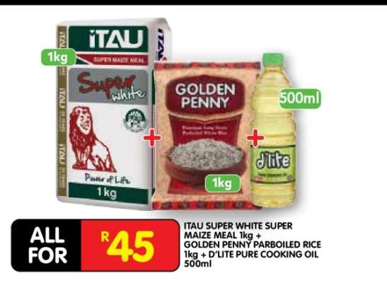 ITAU SUPER WHITE SUPER MAIZE MEAL 1kg + GOLDEN PENNY PARBOILED RICE 1kg + D'LITE PURE COOKING OIL 500ml