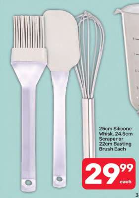 25cm Silicone Whisk, 24.5cm Scraper or 22cm Basting Brush Each