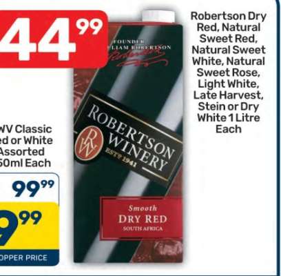 Robertson Dry Red, Natural Sweet Red, Natural Sweet White, Natural Sweet Rosé, Light White, Late Harvest, Stein or Dry White 1 Litre Each