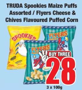 TRUDA Spookies Maize Puffs Assorted / Flyers Cheese & Chives Flavoured Puffed Corn