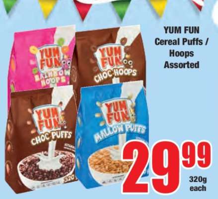 YUM FUN Cereal Puffs / Hoops Assorted