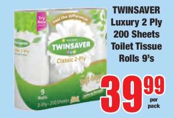 TWINSAVER Luxury 2 Ply 200 Sheets Toilet Tissue Rolls 9's