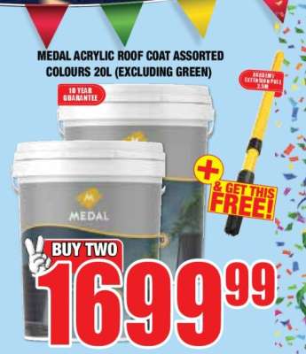 MEDAL ACRYLIC ROOF COAT ASSORTED COLOURS 20L (EXCLUDING GREEN)