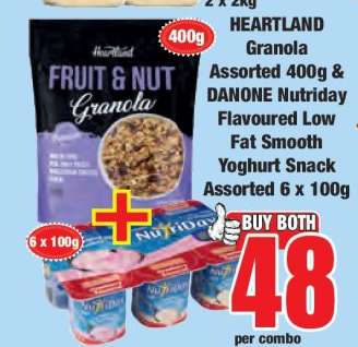 HEARTLAND Granola Assorted 400g & DANONE Nutriday Flavoured Low Fat Smooth Yoghurt Snack Assorted 6 x 100g