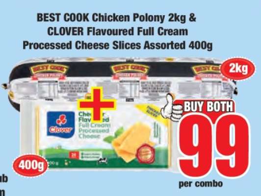 BEST COOK Chicken Polony 2kg & CLOVER Flavoured Full Cream Processed Cheese Slices Assorted 400g