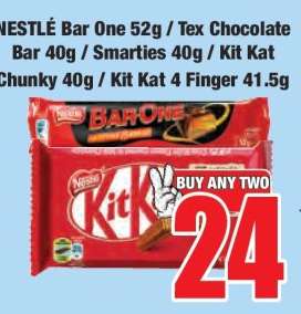 NESTLÈ Bar One 52g / Tex Chocolate Bar 40g / Smarties 40g / Kit Kat Chunky 40g / Kit Kat 4 Finger 41.5g