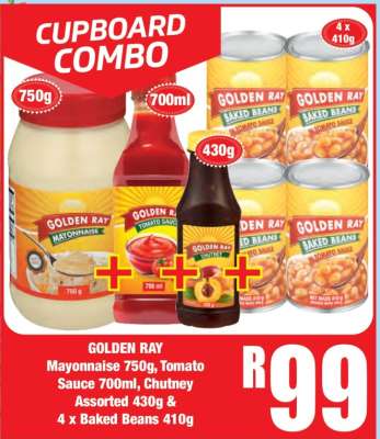 GOLDEN RAY Mayonnaise 750g, Tomato Sauce 700ml, Chutney Assorted 430g & 4 x Baked Beans 410g