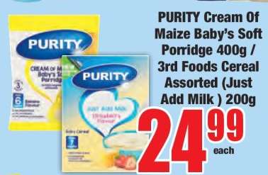 PURITY Cream of Maize Baby’s Soft Porridge 400g / 3rd Foods Cereal Assorted (Just Add Milk) 200g