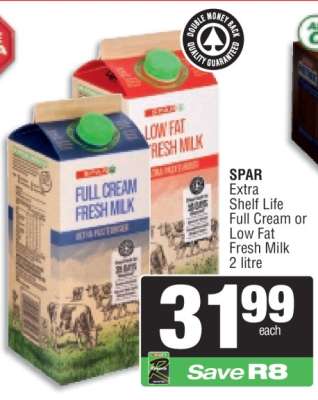 SPAR Extra Shelf Life Full Cream or Low Fat Fresh Milk