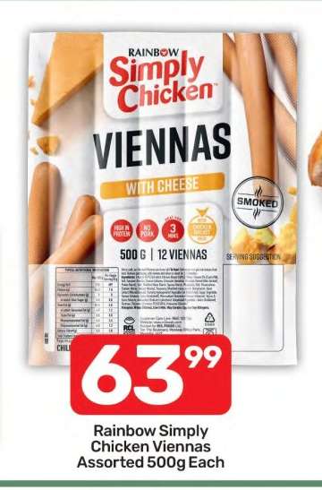 Rainbow Simply Chicken Viennas Assorted 500g Each