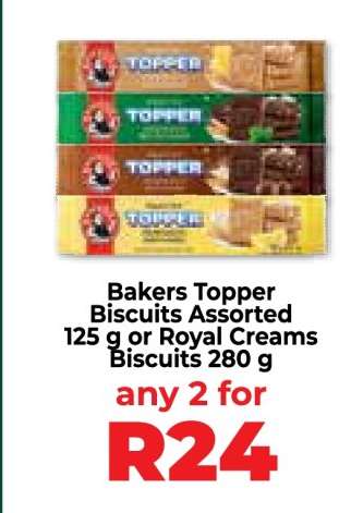 Bakers Topper Biscuits Assorted 125 g or Royal Creams Biscuits 280 g