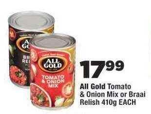 All Gold Tomato & Onion Mix or Braai Relish 410g