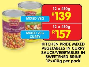 KITCHEN PRIDE MIXED VEGETABLES IN CURRY SAUCE/VEGETABLES IN SWEETENED BRINE 12x410g per pack