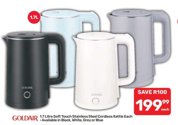 GOLDAIR 1.7 Litre Soft Touch Stainless Steel Cordless Kettle Each