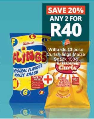 Willards Cheese Curls/Flings Maize Snack 150g