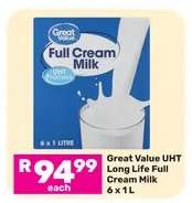 Great Value UHT Long Life Full Cream Milk-6 x 1L