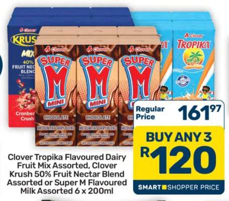 Clover Tropika Flavoured Dairy Fruit Mix Assorted, Clover Krush 50% Fruit Nectar Blend Assorted or Super M Flavoured Milk Assorted 6 x 200ml