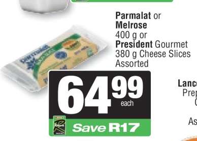 Parmalat or Melrose 400 g or President Gourmet 380 g Cheese Slices Assorted