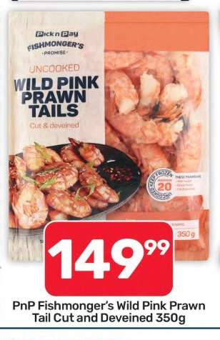PnP Fishmonger's Wild Pink Prawn Tail Cut and Deveined 350g