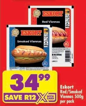 Eskort Red/Smoked Viennas 500g per pack