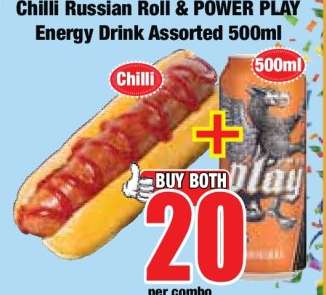 Chilli Russian Roll & POWER PLAY Energy Drink Assorted 500ml