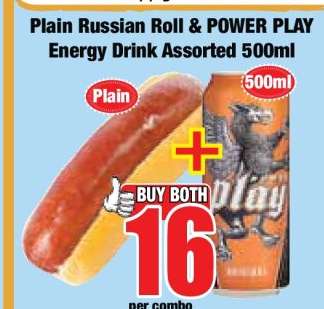 Plain Russian Roll & POWER PLAY Energy Drink Assorted 500ml