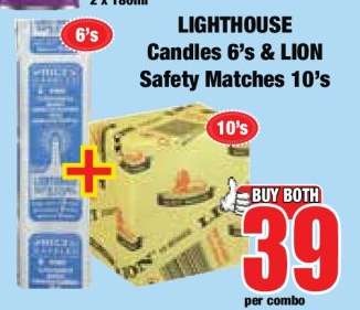 LIGHTHOUSE Candles 6's & LION Safety Matches 10's