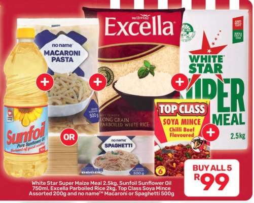 White Star Super Maize Meal, Sunfoil Sunflower Oil, Excella Parboiled Rice, Top Class Soya Mince, Macaroni or Spaghetti