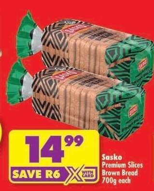 SASKO PREMIUM SLICES BROWN BREAD 700g each